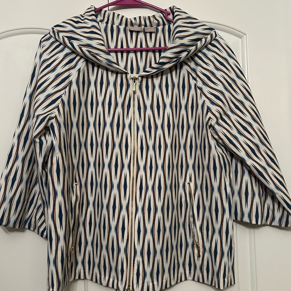Chico's Blue and White Patterned Zip-Up Hoodie